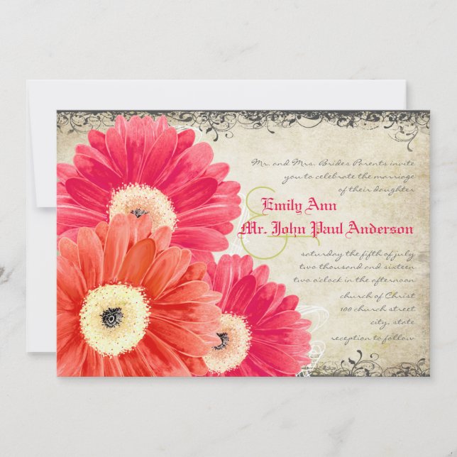 Invitation Fuchsia Coral Orange Gerber Daisy Wedding Invitati (Devant)