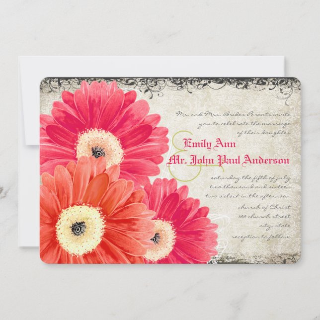 Invitation Fuchsia Coral Orange Gerber Daisy Wedding Invitati (Devant)