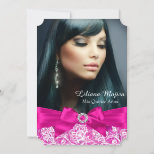 Invitation Fuchsia Dentelle & Nœud de Bijou Quinceanera