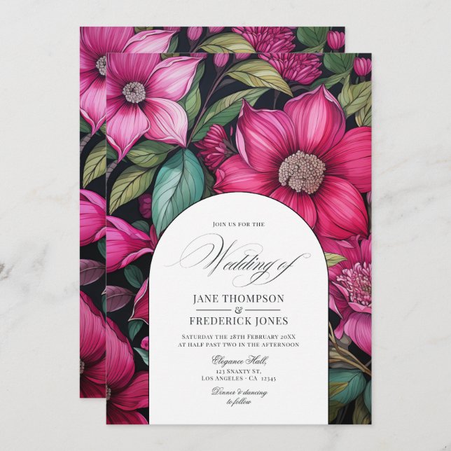 Invitation Fuchsia, Emerald Green et Black Floral Mariage (Devant / Derrière)