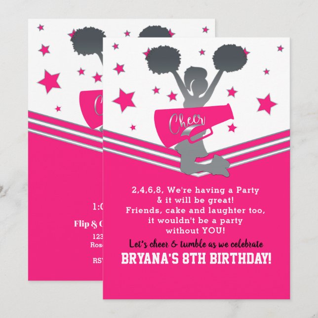 Invitation Fuchsia et Étoiles Blanches Fête de Cheerleading (Devant / Derrière)
