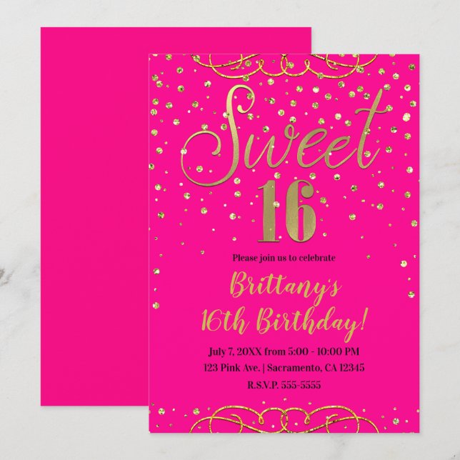 Invitation Fuchsia et Paillettes Dorées Fête Moderne de Sweet (Devant / Derrière)