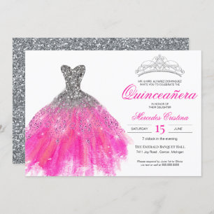 Invitation Fuchsia et Parties scintillant d'argent Glam Gown