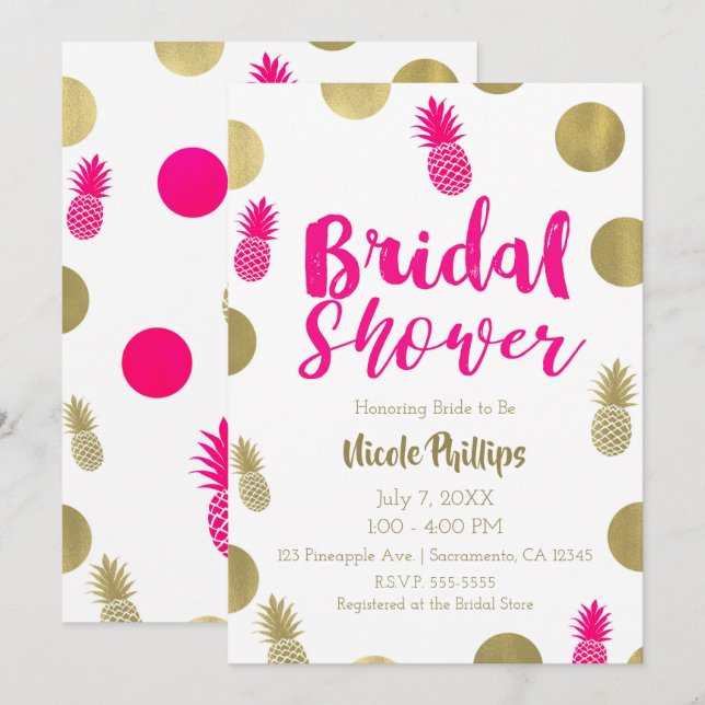 Invitation Fuchsia et points dorés et ananas Baby Shower pour (Devant / Derrière)