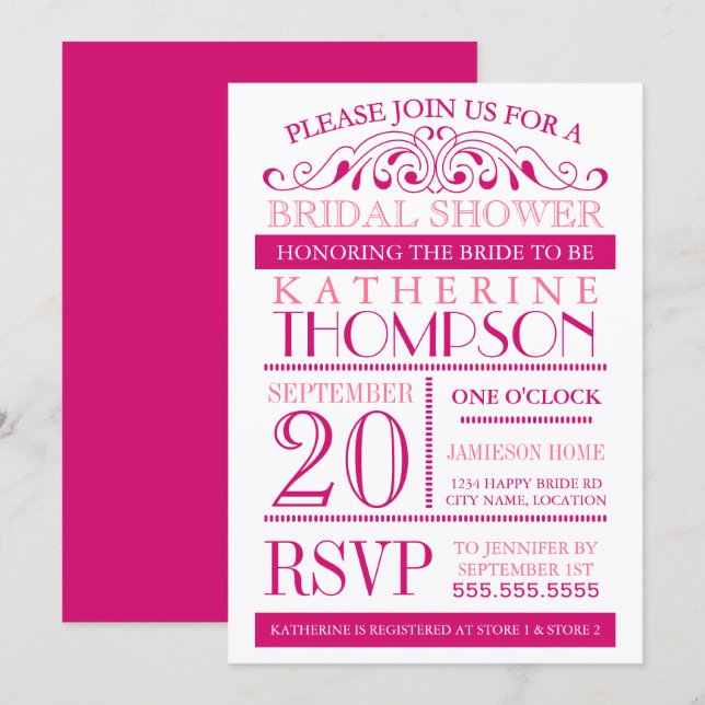 Invitation Fuchsia et rose de douche nuptiale mode (Devant / Derrière)