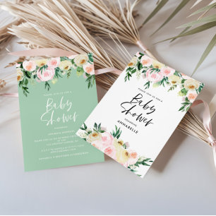 Invitation Fuchsia et sauge aquarelle Fleurs Baby Shower