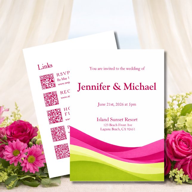 Invitation Fuchsia et vert citron mariage moderne tout-en-un ( Fuchsia and Lime Green Modern Wedding All in One Invitation)