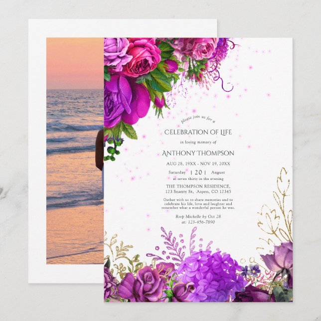 Invitation Fuchsia et violet Floral Célébration de la vie Inv (Devant / Derrière)
