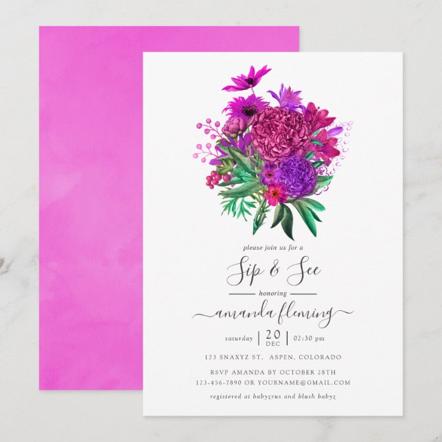 Invitation Fuchsia et Violet Floral Shabby Sip and See (Devant / Derrière)