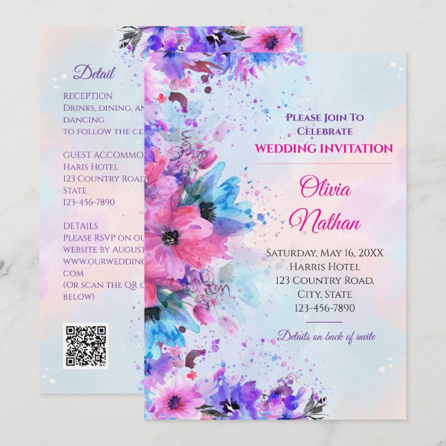 Invitation Fuchsia et Violet Vibrant Mariage à l'Aquarelle  (Devant / Derrière)