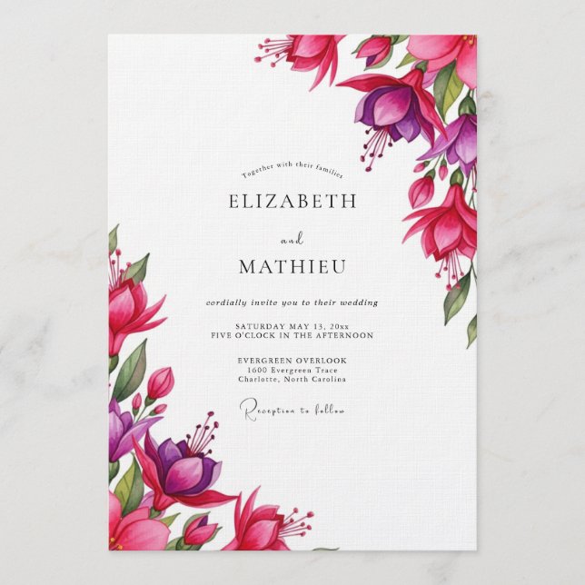 Invitation Fuchsia Fleurs Aquarelle pour Mariage (Devant)