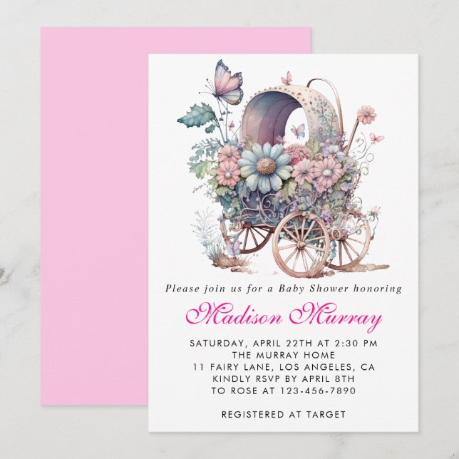 Invitation Fuchsia Fleurs Bébé Fille Poussette Cadeau Baby Sh (Devant / Derrière)