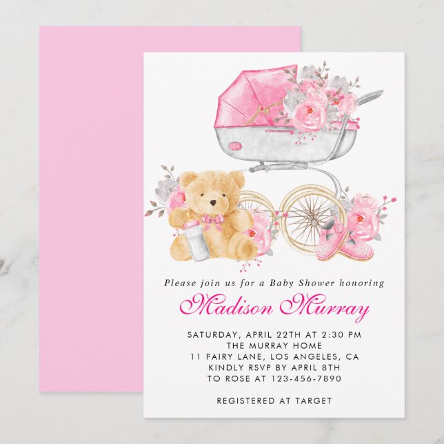 Invitation Fuchsia Fleurs Bébé Poussette Landeau Cadeau de Na (Devant / Derrière)
