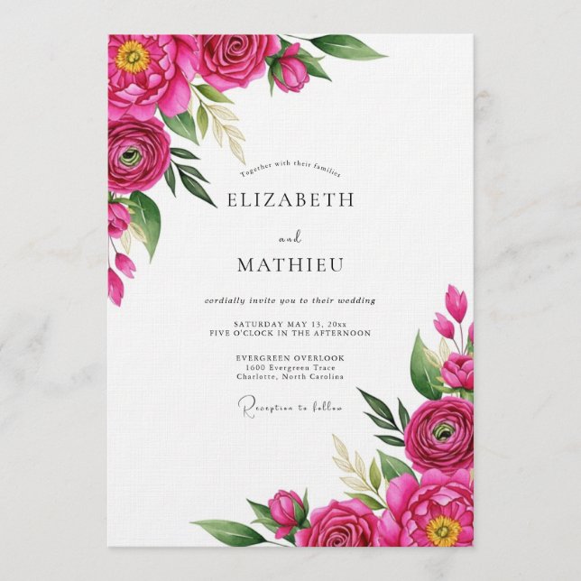 Invitation Fuchsia Fleurs Mariage Impressionniste (Devant)