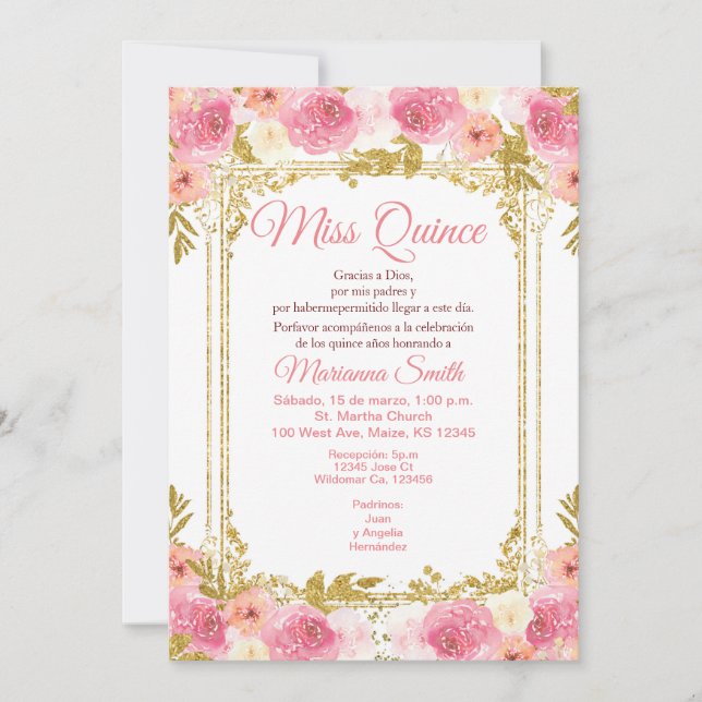 Invitation Fuchsia floral aquarelle Mexicaine Miss Quince   (Devant)