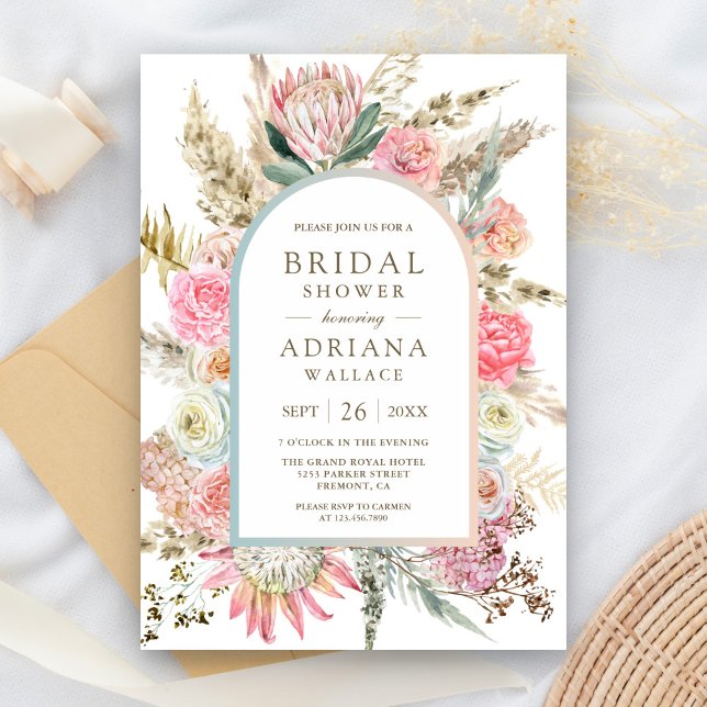 Invitation Fuchsia Floral Boho Herbe de Pampas Fête de Mariag (Créateur téléchargé)