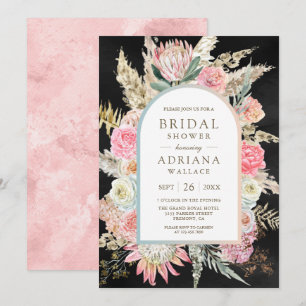 Invitation Fuchsia Floral Boho Pampas Noir Mariage