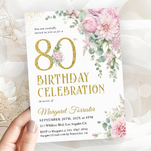 Invitation Fuchsia floral or rose dorée pailletée pour 80e an