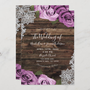 Invitation Fuchsia Floral Rose Rustique Bois & Mariage de den