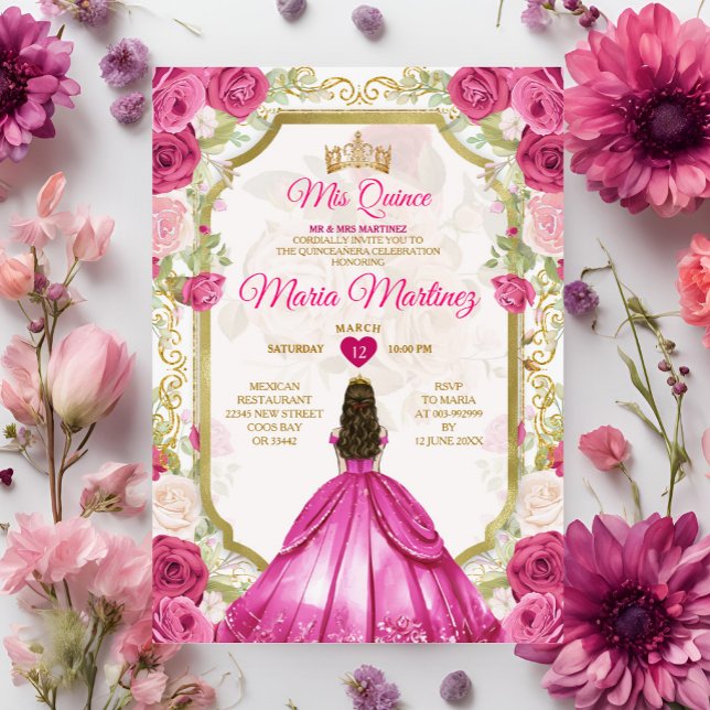 Invitation Fuchsia Florale rose Mexicaine Princesse Quiñceane (Créateur téléchargé)