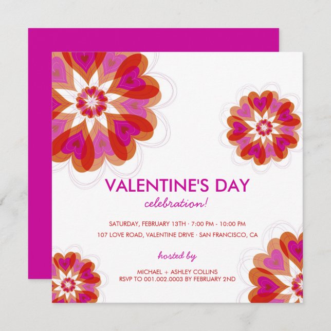 Invitation Fuchsia Flower Love Hearts Saint Valentin Invitati (Devant / Derrière)
