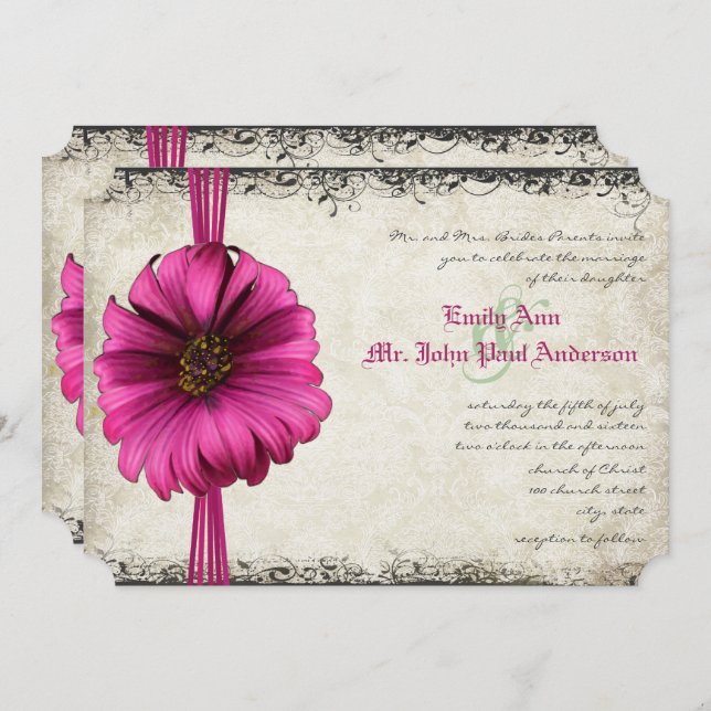 Invitation Fuchsia Gerber Daisy Wedding (Devant / Derrière)