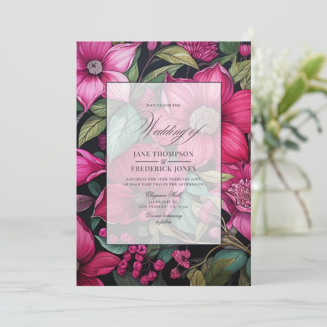 Invitation Fuchsia Glamour, Vert Émeraude & Floral Noir (Debout devant)
