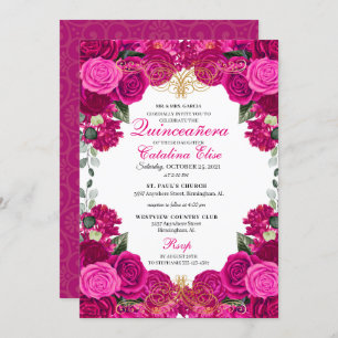 Invitation Fuchsia & Gold Floral Quinceanera Anniversaire