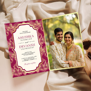 Invitation Fuchsia Gold Lace Code QR Photo Mariage Indien
