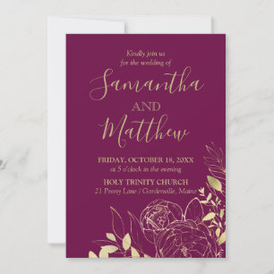Invitation Fuchsia & Gold Peony Mariage Floral moderne
