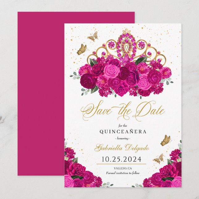 Invitation Fuchsia & Gold Tiara Enregistrer La Date Quinceañe (Devant / Derrière)
