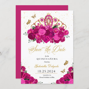 Invitation Fuchsia & Gold Tiara Enregistrer La Date Quinceañe