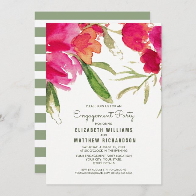 Invitation Fuchsia Green Floral Watercolor (Devant / Derrière)