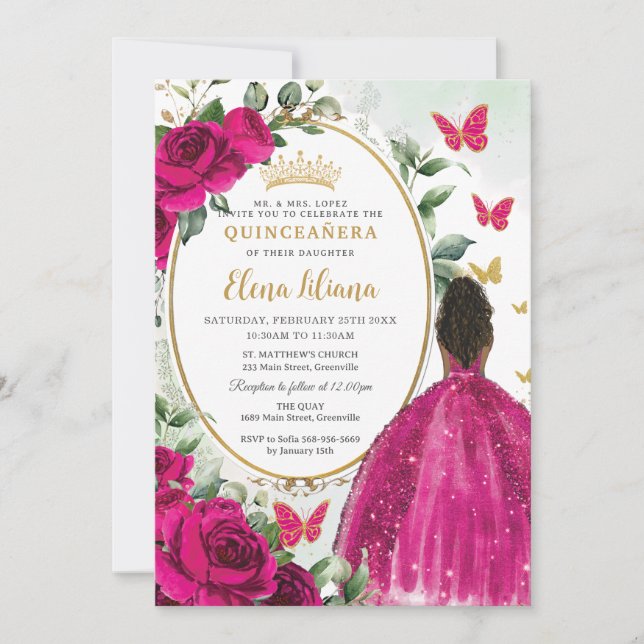 Invitation Fuchsia Hot rose Floral Brown Princesse Quinceañer (Devant)