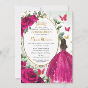 Invitation Fuchsia Hot rose Floral Princess Gold Quinceañera
