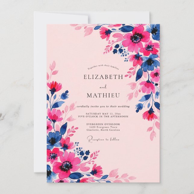 Invitation Fuchsia Indigo Blossoming Spring Wedding (Devant)