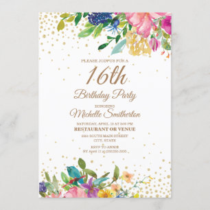 Invitation Fuchsia Jaune Bleu Floral Paillettes Dorées 16e An
