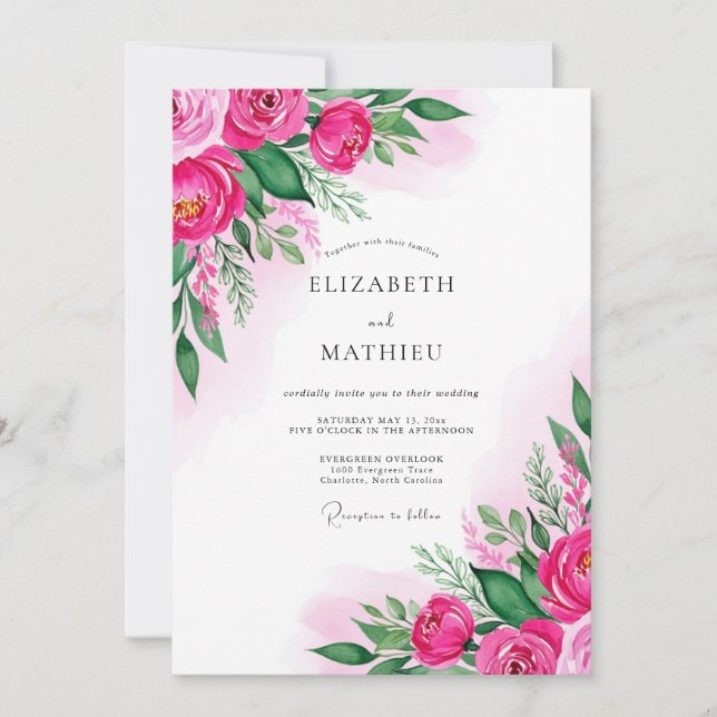 Invitation Fuchsia Lush Watercolor Wedding (Devant)