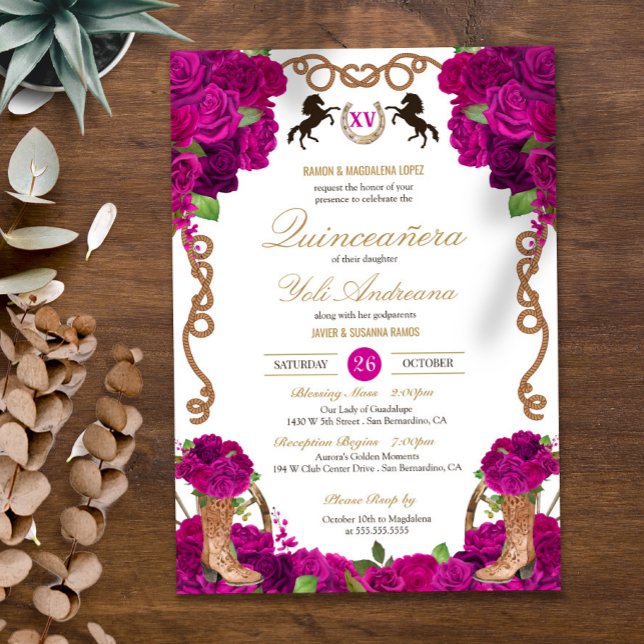 Invitation Fuchsia Magenta Roses Ouest Charro Quinceanera (Créateur téléchargé)