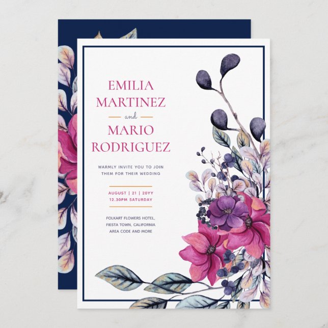 Invitation Fuchsia Mariage floral bleu marine rose (Devant / Derrière)