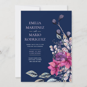 Invitation Fuchsia Mariage floral bleu marine rose
