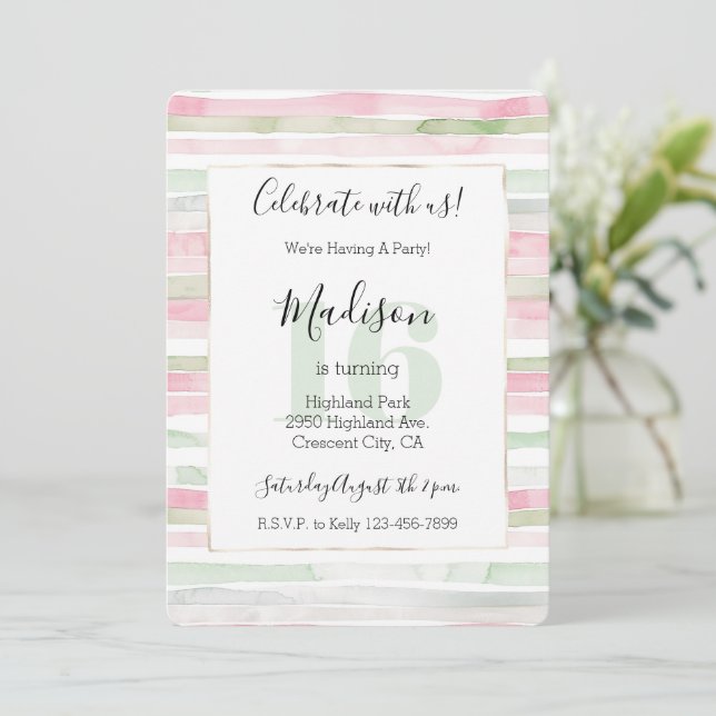 Invitation Fuchsia Menthe Blush Rayures 16e Anniversaire (Debout devant)