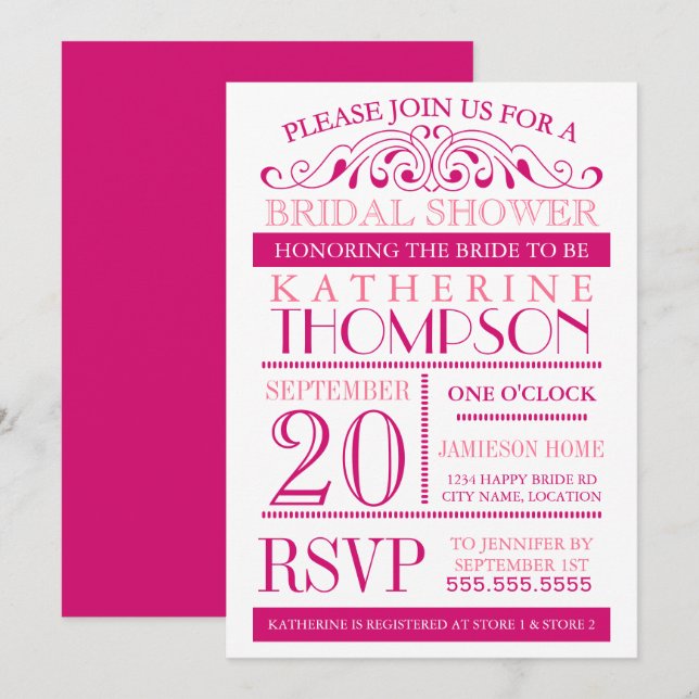 Invitation Fuchsia moderne et Fête des mariées rose (Devant / Derrière)