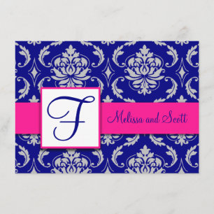 Invitation Fuchsia Navy Blue Silver Damask Enregistrer la dat