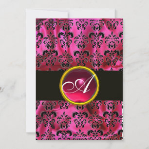 Invitation FUCHSIA NOIR SOIE DAMASK RUBY MONOGRAM, blanc