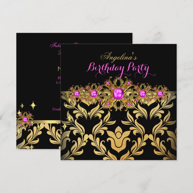 Invitation Fuchsia Or Noir Damassé Fête d'Anniversaire 2 (Devant / Derrière)