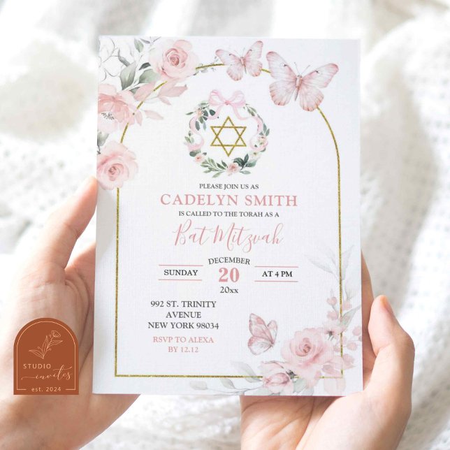 Invitation Fuchsia Papillon Bat Mitzvah Floral (Créateur téléchargé)