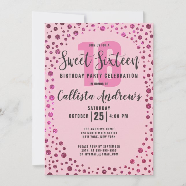 Invitation Fuchsia Parties scintillant rose Confetti Bordure  (Devant)