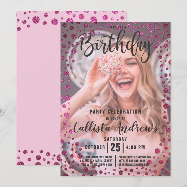 Invitation Fuchsia Parties scintillant rose Confetti Photo An (Devant / Derrière)