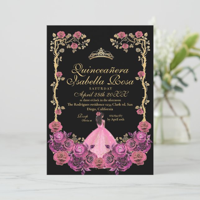 Invitation Fuchsia Pink and Black Gold Quinceanera XV Años (Debout devant)